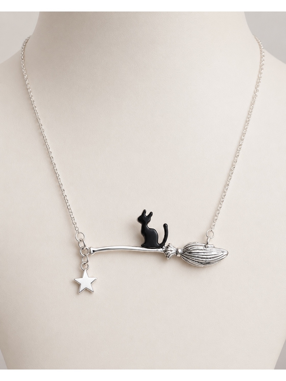 Witchy Black Cat Broom & Star Stainless Steel Necklace